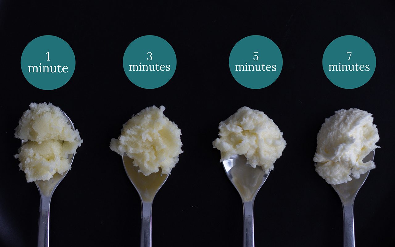 奶油糖混合物放在四个勺子上，如图所示。怎样把黄油和糖搅成奶油