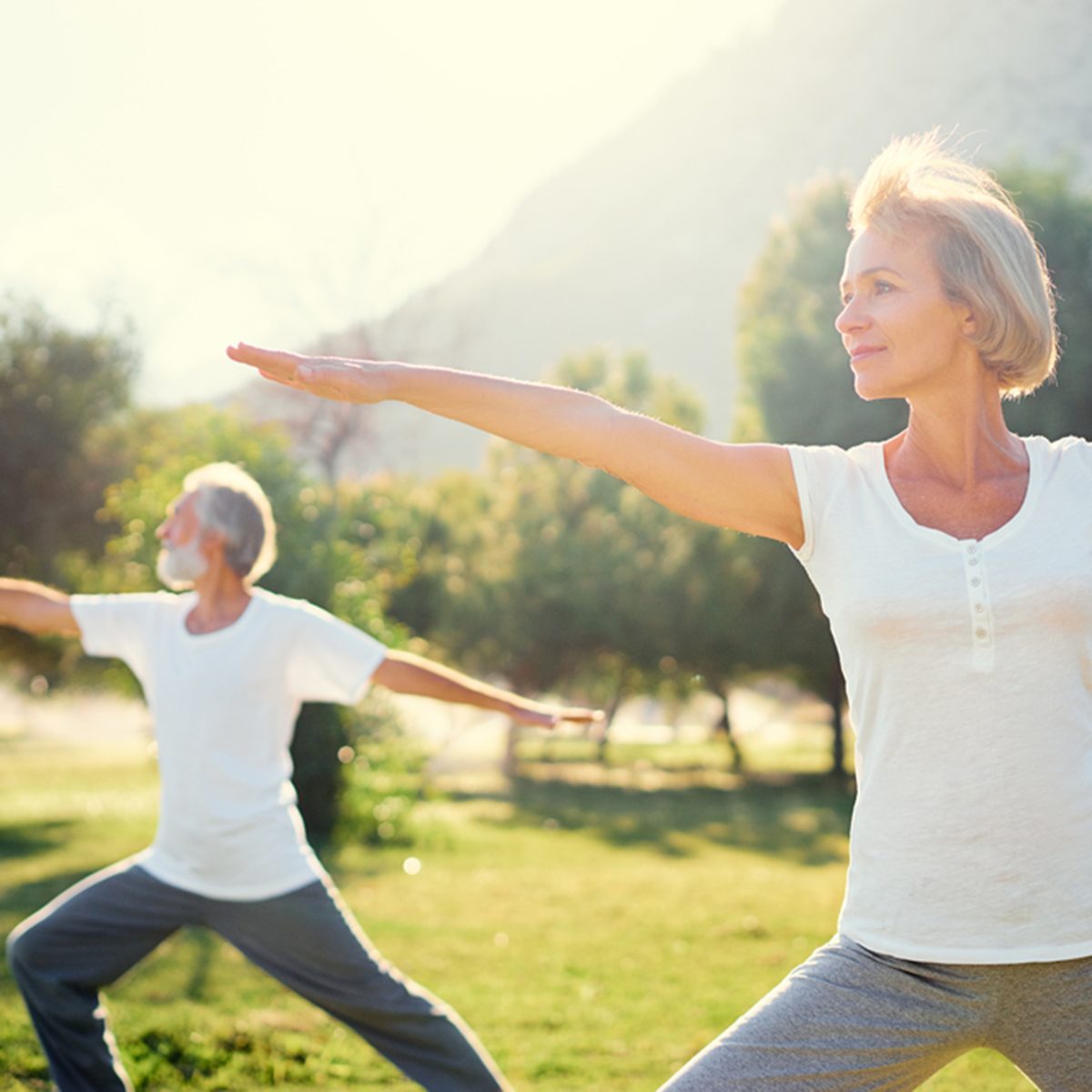 在公园做瑜伽。老年夫妇在户外锻炼。健康生活方式的概念。Shutterstock ID 581710294;作业(TFH, TOH, RD, BNB, CWM, CM): TOH