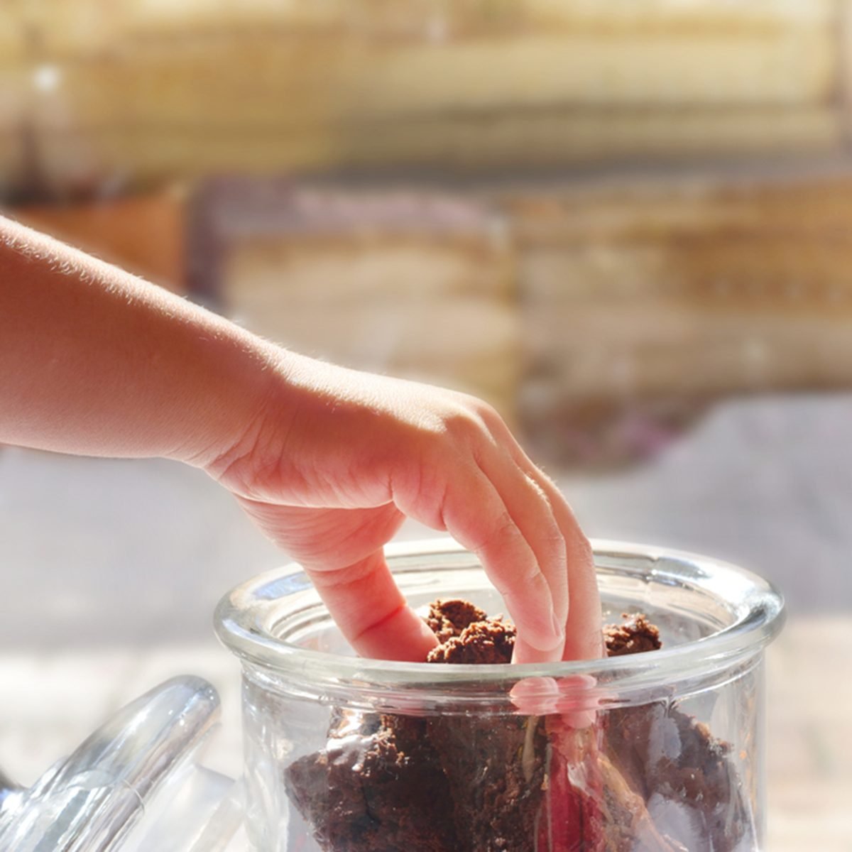孩子的手伸向一块巧克力布朗尼储存在一个玻璃饼干罐。